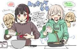 ... 2girls absurdres alternate_hairstyle aoba_moca bang_dream! black_hair chibi chibi_inset closed_eyes cooking cooking_oil facing_viewer grey_hair highres hood hoodie mitake_ran mixing_bowl multicolored_hair multiple_girls ponytail red_eyes red_hair short_hair short_ponytail sketch streaked_hair sweater translation_request upper_body zawameki