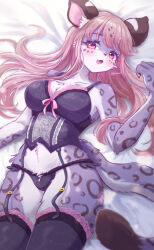 1girl :3 animal_ear_fluff animal_ears animal_nose black_panties black_thighhighs breasts brown_hair cleavage furry furry_female garter_straps highres large_breasts lingerie long_hair looking_at_viewer lying on_back open_mouth original panties red_eyes shii_(no-va_could) solo tail thighhighs underwear