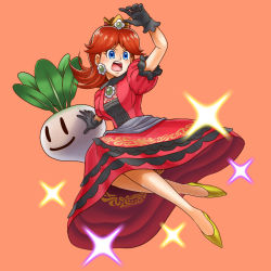 1girl alternate_costume blue_eyes breasts brown_hair crown dress earrings flower_earrings food frilled_dress frills full_body gloves hand_up high_heels jewelry jumping legs looking_away mario_(series) nintendo open_mouth princess_daisy puffy_short_sleeves puffy_sleeves red_dress short_sleeves solo super_mario_bros._2 super_mario_land super_smash_bros. tomboy turnip vegetable