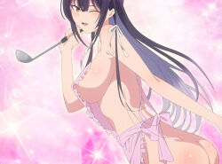 Rule 34 | 1girl, anime screenshot, apron, ass, blush, butt crack, colored inner hair, female focus, from side, hair ribbon, haite kudasai takamine-san, highres, holding, holding ladle, ladle, long hair, looking at viewer, multicolored hair, naked apron, nipple slip, nipples, one eye closed, parted lips, pink apron, pink background, purple eyes, red eyes, ribbon, smile, solo, sparkle background, stitched, takamine takane, third-party edit, upper body, very long hair, white ribbon