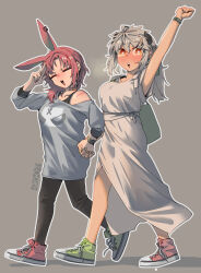 2girls =_= animal_ears arm_up artist_name asymmetrical_footwear black_pants dress ergot facing_viewer grey_background grey_sweater hair_ornament hairclip highres horns jewelry looking_at_viewer medium_hair mismatched_footwear multiple_girls multiple_rings original pants rabbit_ears red_hair ring shoes simple_background single_horn sleeveless sleeveless_dress sneakers sweater white_dress