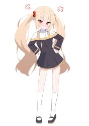 1girl absurdres anger_vein artist_request black_dress black_shoes blonde_hair closed_mouth commission dress full_body hair_bobbles hair_ornament hands_on_own_hips highres kneehighs long_hair long_sleeves looking_at_viewer original pointy_ears pout puff_of_air red_eyes second-party_source shoes simple_background socks solo standing twintails white_background white_socks