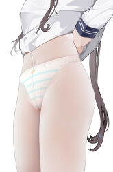 Rule 34 | 1girl, absurdres, amiya (arknights), arknights, brown hair, cameltoe, chinese commentary, commentary, covered navel, dressing, highres, long hair, long sleeves, lower body, panties, panties under pantyhose, pantyhose, see-through clothes, shenmi de xigua, shirt, simple background, solo, standing, underwear, very long hair, white background, white panties, white pantyhose, white shirt