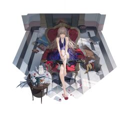1girl bare_arms bare_legs bare_shoulders barefoot bracelet cake couch cup dress flower food from_above full_body girls&#039;_frontline girls&#039;_frontline_2:_exilium grey_hair gun highres jewelry leva_(girls&#039;_frontline_2) long_hair looking_at_viewer official_art on_couch purple_dress purple_nails red_flower red_rose rose scar scar_across_eye scar_on_face sitting smile solo spoon teacup teapot thighs transparent_background ump45_(girls&#039;_frontline) weapon yellow_eyes
