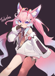 1girl absurdres animal_ears badge bare_shoulders black_background black_gloves black_thighhighs blush breasts button_badge coat detached_sleeves english_text fox_ears fox_girl gift_art gloves hair_between_eyes hand_to_own_mouth highres indie_virtual_youtuber leotard long_bangs long_hair long_sleeves looking_at_viewer necktie open_clothes open_coat open_mouth pink_hair purple_eyes sakurami_sumi simple_background sleeves_past_fingers sleeves_past_wrists solo standing teletha_(vtuber) thighhighs twintails variant_set white_coat