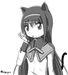 10s 1girl akemi_homura akemi_homura_(magical_girl) animal_ears black_hair bruise cat_ears cat_tail female_focus greyscale hairband hipporit injury kemonomimi_mode kouga_(hipporit) long_hair looking_at_viewer magical_girl mahou_shoujo_madoka_magica mahou_shoujo_madoka_magica_(anime) monochrome ribbon signature simple_background solo tail tongue tongue_out white_background