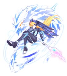 Rule 34 | 1girl, absurdres, aizeis, alternate costume, alternate hairstyle, beam weapon, blonde hair, blue eyes, bodystocking, boots, breasts, ciel (mega man), commission, commissioner upload, crossed legs, energy blade, eyelashes, full body, gloves, glowing, glowing eye, glowing lines, glowing markings, helmet, highres, holding, holding polearm, holding weapon, ice dragon, incoming attack, long hair, looking at viewer, mechanical ears, mega man (series), mega man zero (series), mega man zx, model l (mega man), no armor, non-web source, petite, polearm, ponytail, small breasts, sword, thigh boots, transparent background, weapon