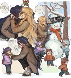 5girls absurdres beanie black_pants blonde_hair blue_coat boots brown_coat child clorinde_(genshin_impact) closed_eyes coat commentary english_commentary english_text genshin_impact gloves grey_gloves hat high_heel_boots high_heels highres hood hood_up if_they_mated ips_cells jacket kiss long_hair looking_at_another maie_(masayaso) mistletoe multiple_girls navia_(genshin_impact) outdoors pants purple_hair purple_hat purple_jacket red_jacket red_scarf scarf smile snow snowing snowman speech_bubble tree wife_and_wife winter_clothes yuri