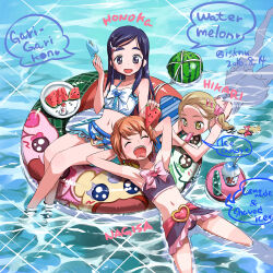 2016 3girls :d adapted_costume bikini blonde_hair blue_eyes blue_hair brown_hair character_name closed_eyes commentary_request cosplay cure_black cure_black_(cosplay) cure_white cure_white_(cosplay) dated english_text eyelashes food fruit futari_wa_precure futari_wa_precure_max_heart hair_ornament hairclip happy highres isedaichi_ken kujou_hikari long_hair looking_at_another midriff misumi_nagisa multiple_girls navel open_mouth ponytail popsicle precure short_hair side_ponytail sleeping smile swimming swimsuit water watermelon watermelon_slice yellow_eyes yukishiro_honoka