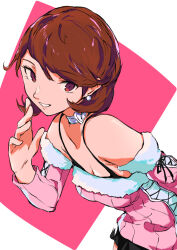 1girl bare_shoulders black_skirt breasts brown_eyes brown_hair choker cleavage commentary cross-laced_clothes cross-laced_sleeves cross-laced_sweater earrings flipped_hair fur-trimmed_sweater fur_trim hand_up heart heart_choker highres jewelry long_sleeves looking_at_viewer off-shoulder_sweater off_shoulder official_alternate_costume parted_lips pearl_earrings pekeponn persona persona_3 pink_sweater pleated_skirt ribbed_sweater short_hair skirt solo strap sweater takeba_yukari upper_body white_choker
