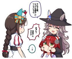 2girls 3girls alternate_costume annoyed brown_hair grey_hair hair_between_eyes hair_ornament hat highres hokko_tarumae_(umamusume) horse_girl low_twintails multiple_girls pout red_hair simple_background takiki translation_request twintails umamusume white_background win_variation_(umamusume) witch_hat wonder_acute_(umamusume)