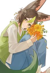 1boy animal_ear_fluff animal_ears asagihisui black_hair blue_pants blush closed_mouth earrings flower fox_boy fox_ears fox_tail genshin_impact green_eyes green_hair green_sweater_vest green_tail green_vest hair_between_eyes highres holding holding_flower jewelry long_sleeves looking_at_viewer male_focus multicolored_hair pants shirt short_hair solo streaked_hair sweater_vest tail tighnari_(genshin_impact) vest white_background white_shirt yellow_flower