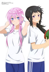 Rule 34 | 2girls, absurdres, aquastar inc., black hair, cowboy shot, gym shorts, gym uniform, highres, kawaii dake ja nai shikimori-san, looking at viewer, low twintails, magazine scan, megami magazine, multiple girls, nekozaki kyou, official art, pink hair, purple eyes, scan, shikimori miyako, shirt, shorts, teeth, twintails, white background, white shirt