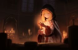 1girl absurdres black_cape blonde_hair blunt_bangs breasts candle cape green_eyes highres holding holding_candle hood hood_up hooded_cape indoors jl_tan long_sleeves medium_breasts original robe sidelocks solo templar white_robe