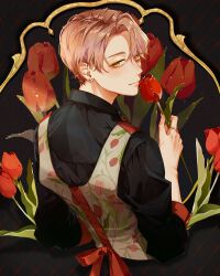 1boy absurdres back blonde_hair blush bow closed_mouth earrings eyelashes fingernails floral_print flower highres holding holding_flower jewelry leaf lips long_sleeves looking_at_viewer looking_back male_focus mole mole_under_eye original parted_bangs red_bow red_flower red_tulip ring sandone333 short_hair solo stud_earrings tulip tulip_print upper_body yellow_eyes