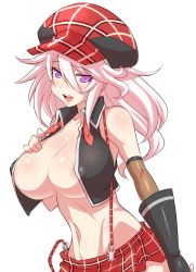 Rule 34 | 10s, 1girl, alisa ilinichina amiella, areola slip, blush, breasts, female focus, gloves, god eater, hat, konno tohiro, large breasts, long hair, no legwear, pink hair, purple eyes, skirt, smile, solo, suspenders, white hair