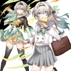 1girl bag black_hairband bow bowtie bread bread_slice buttons double-breasted dual_persona firefly_(honkai:_star_rail) firefly_(spring_missive)_(honkai:_star_rail) food food_in_mouth gold_trim gradient_hair green_bow green_bowtie green_eyes green_hair green_thighhighs hairband highres honkai_(series) long_hair mouth_hold multicolored_hair multiple_views navel neckerchief official_alternate_costume plaid_bow plaid_bowtie plaid_clothes plaid_skirt pleated_skirt purple_eyes saint_laurent_paris school_bag school_uniform shirt skirt thighhighs toast toast_in_mouth two-tone_hair white_shirt yellow_neckerchief