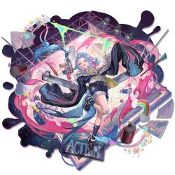 1girl animal_ears apron arknights asymmetrical_legwear bandaid bandaid_on_knee bandaid_on_leg baseball_cap binder_clip bird_ears bird_girl bird_tail blue_bandaid blue_feathers blue_hair blue_jacket blue_shorts blue_socks blush clapperboard erkai feathers film_set from_above full_body gloves halftone hanging hat highres holding jacket leg_up long_sleeves looking_at_viewer mismatched_socks multicolored_hair official_art open_mouth orange_eyes oversized_jacket paint paint_tube paintbrush painting_(action) partially_unzipped pink_bandaid pink_gloves pink_hair pulley ribbed_socks sandals shirt shorts sleeve_zipper sleeveless sleeveless_shirt smile socks solo spray_can stairs sticky_note tail teeth third-party_source tippi_(arknights) tongue torn_clothes torn_socks transparent_background two-tone_hair uneven_legwear unworn_headwear upper_teeth_only white_sandals white_shirt wire yellow_apron