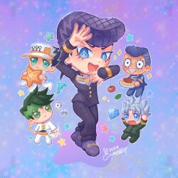 5boys baseball_cap black_hair blue_eyes blue_gakuran chibi coat commentary diamond_(gemstone) diamond_(shape) diamond_wa_kudakenai dice dollar_sign earrings earth_wind_&amp;_fire_(stand) english_commentary food graywrabbit green_eyes green_gakuran green_hair green_headband grey_hair grin hat hazekura_mikitaka headband higashikata_josuke higashikata_josuke&#039;s_pose_(jojo) highres hirose_koichi holding holding_plate jewelry jojo_no_kimyou_na_bouken jojo_pose kishibe_rohan kuujou_joutarou looking_at_viewer male_focus multiple_boys nijimura_okuyasu open_mouth pants pasta peace_symbol plate pompadour purple_hair purple_pants school_uniform sea_stars signature smile spaghetti sparkle stand_(jojo) star_(symbol) tomato white_coat white_hat