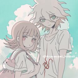 1boy 1girl :o animal_bag breasts brown_hair cat_bag collared_shirt danganronpa_(series) danganronpa_2:_goodbye_despair flipped_hair galaga hair_ornament komaeda_nagito komanami_kawaii medium_hair nanami_chiaki neck_ribbon no_jacket outdoors pink_eyes pink_ribbon ribbon shirt smile spaceship_hair_ornament white_shirt