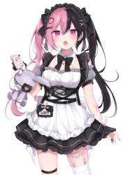 Rule 34 | 1girl, amashiro natsuki, apron, black bow, black dress, black hair, black nails, bow, breasts, cleavage, commentary, detached sleeves, dress, eyepatch, frilled apron, frills, grey sleeves, hair bow, hair ornament, hairclip, heart, heart hair ornament, heart o-ring, holding, holding stuffed toy, long hair, looking at viewer, medium breasts, milky suicide, multicolored hair, nail polish, nakaoka shiyuu, o-ring, open mouth, pink hair, puffy short sleeves, puffy sleeves, purple eyes, short sleeves, simple background, single thighhigh, skindentation, sleeveless, sleeveless dress, solo, stuffed animal, stuffed rabbit, stuffed toy, symbol-only commentary, thigh strap, thighhighs, twintails, two-tone hair, very long hair, virtual youtuber, white apron, white background, white thighhighs, wrist cuffs, x hair ornament