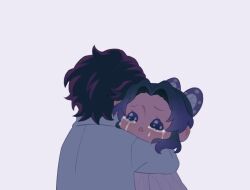 1boy 1girl blush bow bug butterfly chibi chibi_inset chibi_only couple crying crying_with_eyes_open haori happy_tears hug insect japanese_clothes kamado_tanjirou kimetsu_no_yaiba kochou_shinobu long_sleeves original purple_hair sad scar scar_on_face short_hair simple_background streaming_tears tears updo user_fhwv8447 white_background wiping_tears