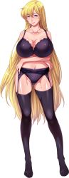 1girl aino_minako bishoujo_senshi_sailor_moon black_bra black_panties blonde_hair blue_eyes blush bra breasts cleavage crossed_arms feet female_focus full_body garter_belt garter_straps highres huge_breasts legs long_hair looking_at_viewer mario_(mario_portal) navel panties sailor_venus simple_background smile solo standing team-tanabe thighhighs thighs toes underwear white_background