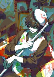 Rule 34 | 1boy, beret, black eyes, black hair, evil smile, faust (project moon), hair between eyes, hat, highres, killerohan, limbus company, lobotomy corporation (identity) (project moon), looking at viewer, male focus, medium hair, multicrack office (identity) (project moon), n corp. fanatic (identity) (project moon), paint splatter, project moon, ring (identity) (project moon), shaded face, smile, solo, teardrop facial mark, white hat, yi sang (project moon)