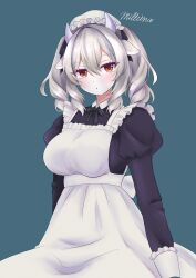 1girl absurdres animal_ears apron blue_background blush breasts brown_eyes cow_ears cow_girl cow_horns dress drill_hair grey_hair hat highres horns juliet_sleeves large_breasts long_sleeves looking_at_viewer maid maid_apron maid_headdress medium_hair mikan_vrc milltina_(vrchat) mole mole_under_eye puffy_sleeves ribbon signature simple_background solo twintails vrchat