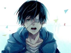 1boy black_hair blue_background blue_hoodie cardiogram collarbone commentary_request crying crying_with_eyes_open eyebrows_hidden_by_hair eyepatch furrowed_brow gradient_background green_eyes grey_shirt hair_between_eyes hood hoodie kaneki_ken long_bangs looking_at_viewer male_focus medical_eyepatch nightrider69 nose open_mouth shirt short_hair solo tears teeth tokyo_ghoul tongue triangle two-tone_background upper_body white_background