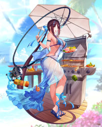 1girl absurdly_long_hair apron armband armpits ass beach bell_pepper bikini bird blue_bikini blue_sky blush bow breasts brown_eyes brown_hair burger cable cable_tail cooking cup day female_focus food grill grilling hair_bow highres innertube large_breasts long_hair looking_back meat mechanical_tail monkey monkey_tail multicolored_hair nyoi_kinko_bo_(phantom_of_the_kill) ocean official_art open_mouth palm_tree patio phantom_of_the_kill plate ponytail potato_wedges sandals sarong shrimp skewer sky solo standing summer swim_ring swimsuit table tail tongs tree two-tone_hair umbrella vegetable very_long_hair