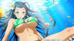 1girl bare_arms bare_legs bikini black_hair blue_eyes breasts cleavage earrings floating_hair floral_print flower green_bikini hair_flower hair_ornament hibiscus_print highres ikkitousen jewelry kakouen_myousai large_breasts long_hair magatama magatama_earrings navel official_art open_mouth print_bikini shiny_skin solo swimsuit underboob underwater very_long_hair white_flower