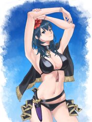 1girl absurdres armpits arms_up bikini black_bikini black_cape blue_eyes blue_hair blush breasts cape cleavage closed_mouth dagger female_byleth_(fire_emblem) female_byleth_(summer)_(fire_emblem) fire_emblem fire_emblem:_three_houses fire_emblem_heroes flower gluteal_fold hair_flower hair_ornament hibiscus highres knife large_breasts long_hair looking_at_viewer marukubi9595 navel nintendo official_alternate_costume red_flower sheath sheathed sideboob smile solo standing swimsuit weapon