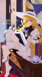 1girl black_bow black_collar black_gloves blonde_hair blue_gemstone blue_sash book boots bow breasts bright_pupils closed_mouth collar commentary_request cup gem gloves hair_bow hat highres holding holding_book indoors knee_boots long_hair long_sleeves looking_at_viewer medium_breasts open_book pantyhose phoebe_(wuthering_waves) purple_eyes sakasa._(sakasailst) sash shirt sitting skirt smile solo striped_bow teacup teapot very_long_hair white_boots white_hat white_pantyhose white_pupils white_shirt white_skirt wuthering_waves