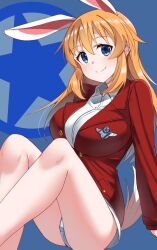 Rule 34 | 1girl, animal ears, artist name, blue eyes, blush, breasts, brown hair, charlotte e. yeager, closed mouth, highres, hiroshi (hunter-of-kct), jacket, large breasts, long hair, looking at viewer, no pants, panties, rabbit ears, rabbit girl, rabbit tail, red jacket, shirt, sitting, smile, solo, strike witches, tail, underwear, white panties, white shirt, world witches series