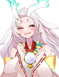 1girl absurdres blue_fire blush card_game cowboy_shot duel_monster facial_mark fire forehead forehead_mark highres japanese_clothes kurikara_divincarnate long_hair long_sleeves looking_at_viewer mirror nontraditional_miko open_mouth orange_eyes shiroue_tomari simple_background smile solo upper_body white_background white_hair yu-gi-oh!