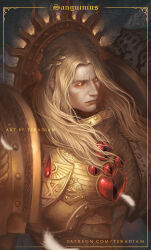 1boy armor artist_name blonde_hair blood_angels blurry border breastplate character_name closed_mouth commentary depth_of_field english_commentary engraved_armor eyes_of_horus_(warhammer_40k) feathers gem glowing glowing_eyes gold_armor gold_border highres laurel_crown leopard_pelt long_hair looking_at_viewer looking_up male_focus ornate_armor outside_border patreon_username pauldrons pelt power_armor primarch realistic red_gemstone regalia_resplendent rerebrace sanguinius shoulder_armor snow_leopard_pelt solo teradiam upper_body warhammer_40k watermark web_address white_feathers