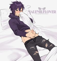 1boy black_pants blush commentary commission english_commentary hair_between_eyes highres hood hood_down hoodie long_sleeves male_focus male_masturbation male_pubic_hair male_underwear masturbation one_eye_closed pants penis pubic_hair purple_eyes purple_hair purple_hoodie reclining sebastian_(stardew_valley) solo stardew_valley sweat tnso torn_clothes torn_pants uncensored underwear