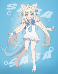 1girl absurdres ahoge air_bubble animal_ear_fluff animal_ears ayo5108 barefoot blonde_hair blue_background blue_eyes blue_sailor_collar blue_streaks bubble cat_ears dress grin highres indie_virtual_youtuber lifebuoy_hair_ornament long_hair looking_at_viewer low_twintails sailor_collar sailor_dress sameko_saba smile solo teeth twintails virtual_youtuber white_dress