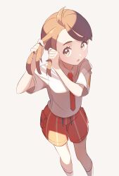 Rule 34 | 1girl, :o, adjusting hair, ahoge, brown hair, collared shirt, commentary request, eyelashes, hands up, juliana (pokemon), necktie, nintendo, open mouth, orange necktie, orange shorts, pokemon, pokemon sv, school uniform, shirt, short sleeves, shorts, socks, solo, standing, suimoku (hzdg5322), white socks