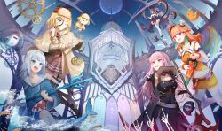 5girls beret black_cape black_hair blonde_hair bloop_(gawr_gura) blue_eyes blue_hair blue_hoodie bubba_(watson_amelia) cape coat deadbeat_(mori_calliope) death-sensei_(mori_calliope) deerstalker dress ebi-chan_(gawr_gura) fins fish_tail gawr_gura gears halo hat high-waist_skirt holding holding_polearm holding_scythe holding_sword holding_weapon hololive hololive_english holomyth hood hoodie kfp_employee_(takanashi_kiara) long_hair magnifying_glass medium_hair mini_chef_hat mori_calliope multicolored_hair multiple_girls necktie ninomae_ina&#039;nis orange_hair orange_shirt orange_skirt pictor pink_eyes pink_hair plaid_clothes plaid_skirt polearm red_hat scythe shark_girl shark_tail shirt short_twintails skirt sleeveless sleeveless_dress sword tail takanashi_kiara takodachi_(ninomae_ina&#039;nis) tentacles thighhighs trident twintails two-tone_hair virtual_youtuber watson_amelia weapon white_dress white_hair white_shirt white_thighhighs wings yellow_coat