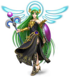 1girl 3d armpits asymmetrical_footwear asymmetrical_legwear bare_shoulders belt black_thighhighs collarbone dress female_focus green_eyes green_hair high_heels highres jewelry kid_icarus kid_icarus_uprising long_hair mismatched_footwear mismatched_legwear nintendo official_art palutena parted_bangs shield solo staff strapless strapless_dress super_smash_bros. thighhighs tiara very_long_hair