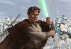 6+boys aged_down armor baylan_skoll brown_cloak brown_hair cloak clone_trooper energy_sword green_lightsaber grey_tunic gun helmet highres holding holding_gun holding_sword holding_weapon jedi lightsaber multiple_boys open_cloak open_clothes outdoors short_hair star_wars sword tunic weapon