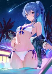 1girl absurdres bare_shoulders bikini black_choker black_jacket blue_eyes blue_hair breasts choker closed_mouth comet front-tie_bikini_top front-tie_top gluteal_fold hair_ribbon hand_on_own_stomach hashtag-only_commentary highres hololive hoshimachi_suisei jacket long_hair navel night night_sky off_shoulder open_clothes open_jacket outdoors plaid_clothes plaid_jacket ponytail ribbon side-tie_bikini_bottom skindentation sky small_breasts solo star_(sky) starry_sky stomach string_bikini swimsuit telu_(teluscarlet) thighs very_long_hair virtual_youtuber wading water wet white_bikini