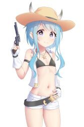 Rule 34 | 1girl, absurdres, bikini, blue hair, cowboy hat, flat chest, gun, hat, highres, lasso, mahiru (princess connect!), navel, princess connect!, ribs, rin (princess connect!), ruinone, shorts, stomach, swimsuit, weapon
