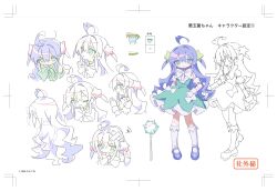 1girl ahoge akudamakin-chan_(daizu_(melon-lemon)) blue_footwear blue_hair bow bowtie reference_sheet daizu_(melon-lemon) dated detached_ahoge detached_sleeves dress gloves green_dress green_eyes hair_between_eyes hair_ornament highres kneehighs long_hair looking_at_viewer mary_janes multiple_views original puffy_short_sleeves puffy_sleeves shoes short_dress short_sleeves simple_background sleeveless sleeveless_dress socks spike_ball standing star_(symbol) star_hair_ornament two_side_up white_background white_bow white_bowtie white_gloves white_socks