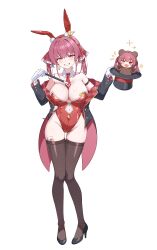 1girl absurdres animal_ear_hairband animal_ears arm_strap bare_shoulders black_coat black_shoes breasts brown_thighhighs clothing_cutout coat coattails commentary detached_collar earrings fake_animal_ears full_body gloves gold_trim grin hair_ribbon hairband hands_up hat heterochromia high_heels highleg highleg_leotard highres holding holding_unworn_clothes holding_unworn_hat hololive hoop_earrings houshou_kumarine houshou_marine jewelry large_breasts leotard long_hair looking_at_viewer navel navel_cutout necktie off_shoulder playboy_bunny rabbit_ear_hairband rabbit_ears red_eyes red_hair red_leotard red_necktie red_ribbon ribbon shoes short_necktie sidelocks simple_background smile solo ssalyun strapless strapless_leotard thigh_gap thighhighs twintails unworn_hat unworn_headwear virtual_youtuber white_background white_gloves yellow_eyes