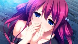 1girl black_shirt blue_eyes bow collarbone covering_own_mouth crying crying_with_eyes_open dutch_angle fumio_(ura_fmo) game_cg grisaia_(series) grisaia_no_rakuen hair_between_eyes hair_bow hair_rings half-closed_eyes hand_over_own_mouth long_hair looking_at_viewer looking_up night non-web_source official_art outdoors portrait red_hair shirt sidelocks single_bare_shoulder single_off_shoulder solo suou_amane t-shirt tears variant_set white_bow