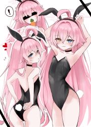 ! 1girl absurdres ahoge alternate_costume animal_ear_hairband animal_ears ass backless_leotard bare_back black_choker black_hairband black_leotard blue_archive blue_eyes blush carrot chii_(k_ung) choker closed_mouth commentary_request fake_animal_ears fake_tail hair_between_eyes hairband halo heterochromia highres hoshino_(blue_archive) huge_filesize leotard loli long_hair multiple_views pink_hair pink_halo playboy_bunny rabbit_ears rabbit_tail strapless strapless_leotard tail very_long_hair yellow_eyes