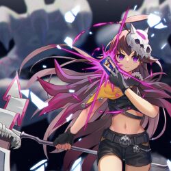 1girl aura black_gloves black_shorts blurry blurry_background card closed_mouth colored_inner_hair dapiko_(duel_masters) dark_aura duel_masters duel_masters_play&#039;s fingerless_gloves gloves grey_thighhighs hair_ornament harina_taku highres holding holding_card holding_scythe holding_weapon long_hair midriff multicolored_hair nail_polish navel purple_eyes purple_nails scythe short_shorts shorts skull_hair_ornament solo thighhighs trading_card very_long_hair weapon